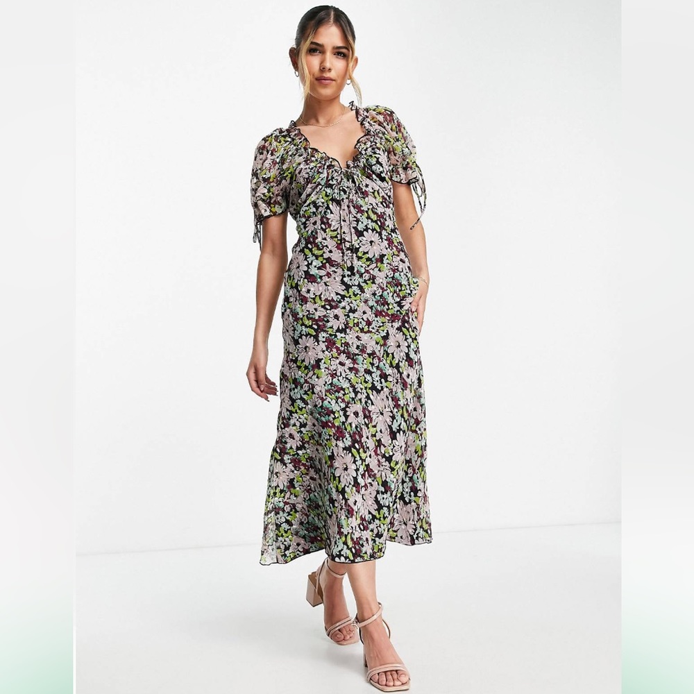 ASOS DESIGN chiffon midi dress with lace applique in floral ditsy print